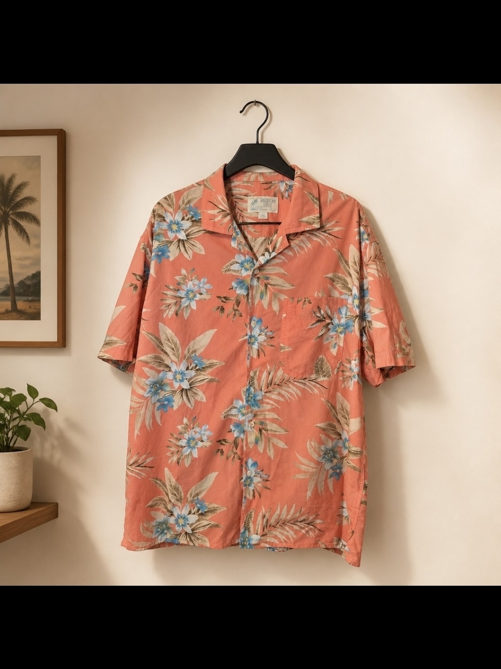 American Eagle Hawaiian Shirt Large Coral Floral Tropical Camp Button Up
